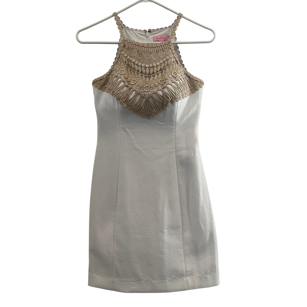 00488 - Lilly Pulitzer White Crochet Neck‎ Halter Mini Dress Size 00